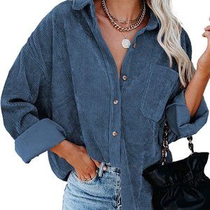 Womens Corduroy Button Down Shirts Boyfriend Long Sleeve Oversized Blouses Tops